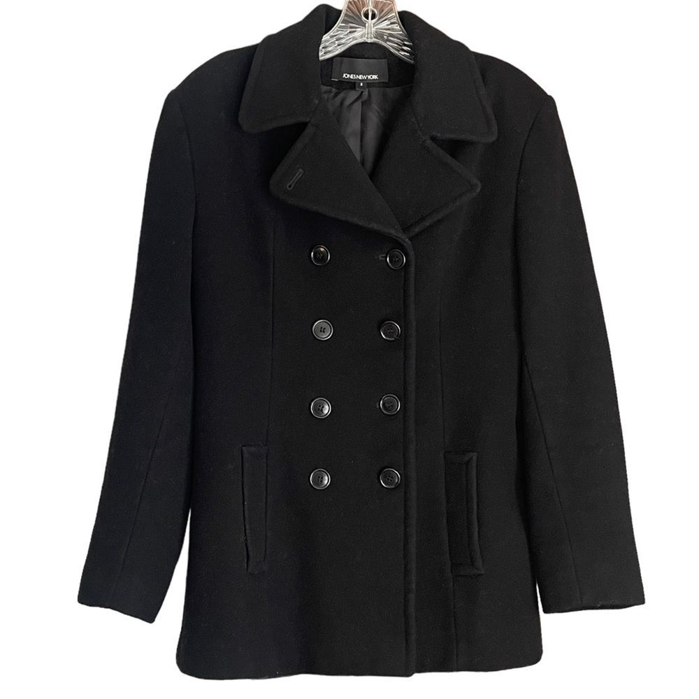 Jones New York Black Wool Cashmere Double Breasted Winter Pea Coat, size 8